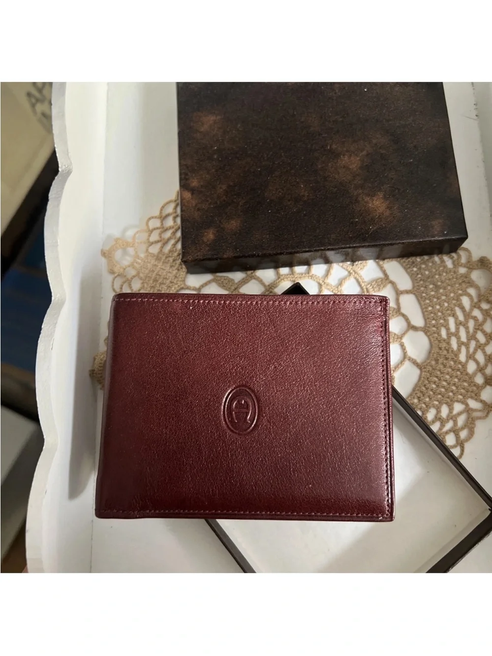 Vintage NOS Etienne Aigner Brown Leather Bifold Wallet 4x3 Credit Card Case, Box